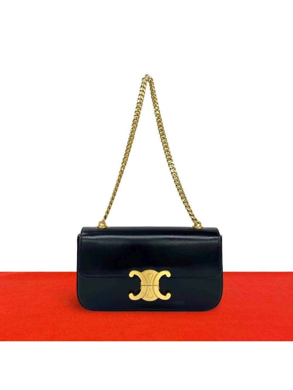Celine Claude Triomphe Logo Leather Chain Mini Shoulder Bag Black